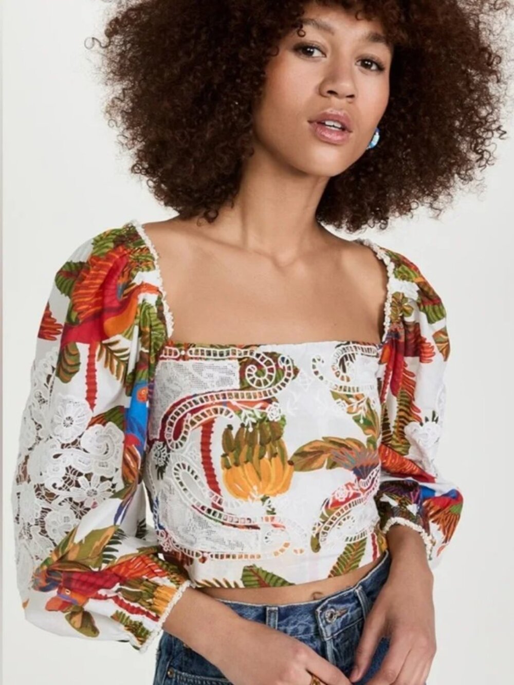 Farm Rio Forest Birds Smocked Embroidered Blouse Size M